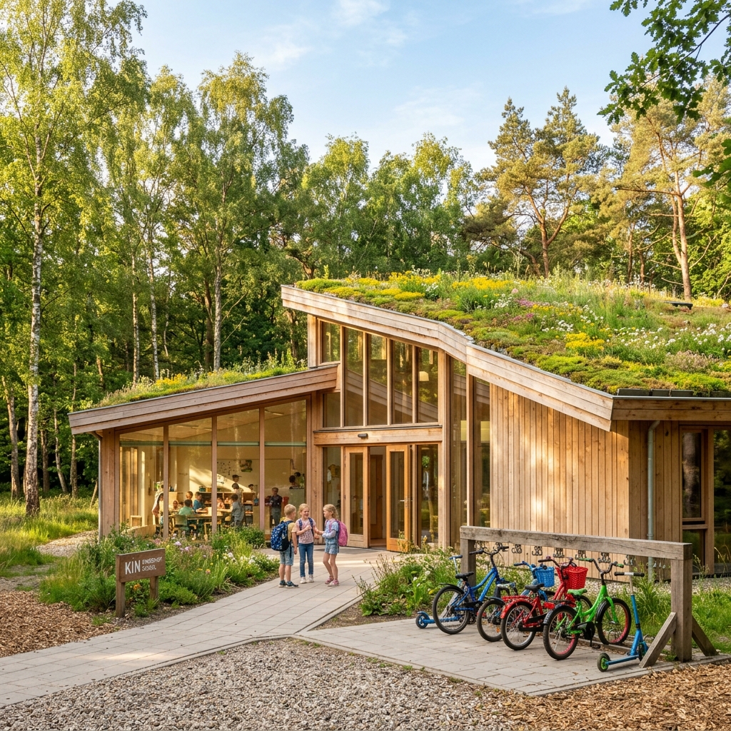 Het prachtige natuurlijke houten schoolgebouw van BBS De Verwondering