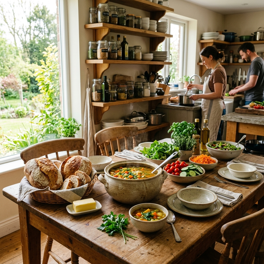 Verse groenten, brood en soep